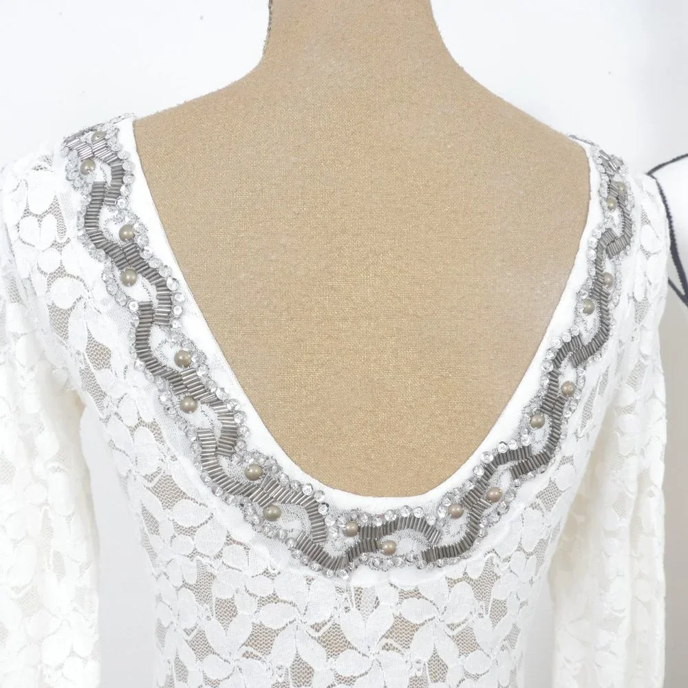 Free People White Lace Long Sleeve Bronze Beaded Silver Sequin SZ XS Top Blouse - Picture 6 of 7